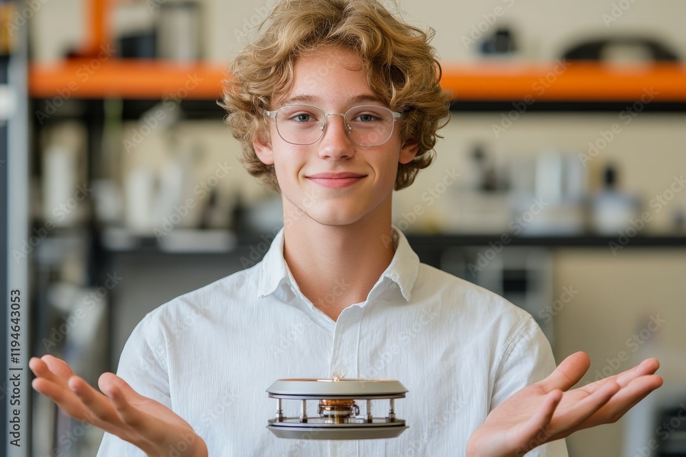 Poster a young inventor wearing glasses confidently holds a futuristic gadget in a lab, showcasing creativi