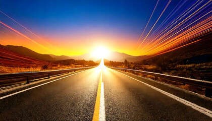 Obraz premium Asphalt road vanishing into a vibrant sunset. Dynamic light streaks add energy movement. Ideal for travel, journey, success, or freedom themes.