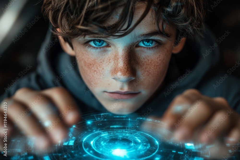 Aufkleber A freckle-faced boy intensely focuses on a futuristic holographic interface, illustrating a deep connection with digital technology and curiosity for the unknown.