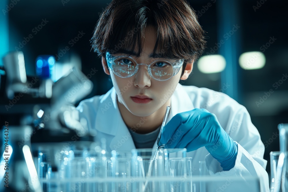 Poster a young scientist in a lab coat and gloves carefully observes through glasses while handling test tu
