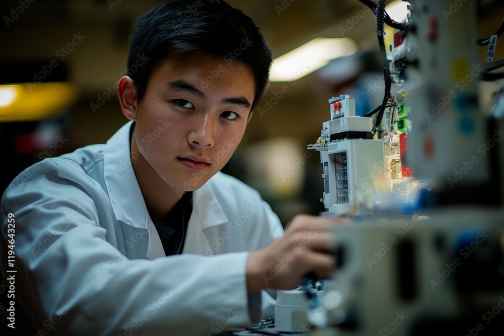 Fototapete a focused individual in a white coat works diligently on machinery, highlighting the importance of t