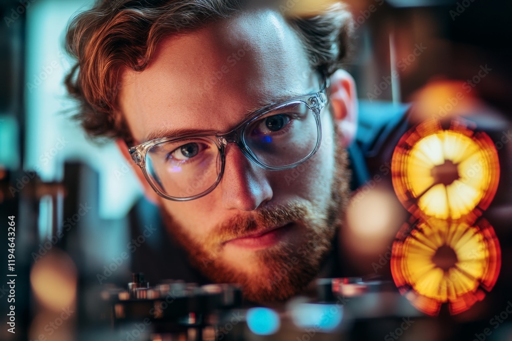 Poster a scientist with glasses intensely focuses on adjusting intricate laboratory equipment, showcasing t