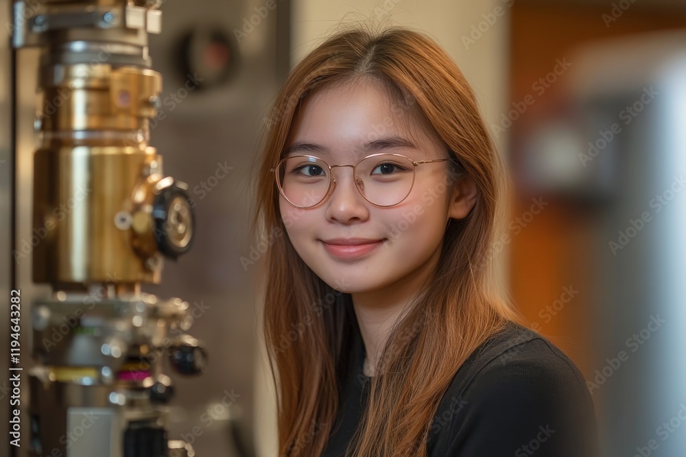 Poster a young scientist stands confidently near advanced equipment, displaying curiosity and innovation in