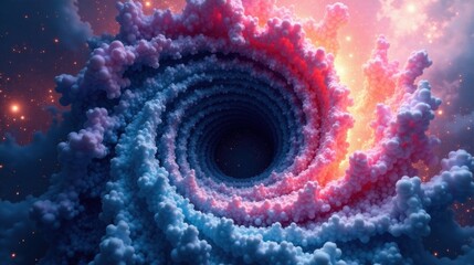 A swirling vortex of vibrant cosmic clouds, a mesmerizing celestial spectacle with a dark center, evokes a sense of wonder and the infinite possibilities of the universe.