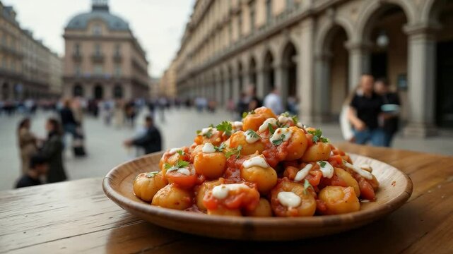 Plato de &ntilde;oquis con salsa de tomate y queso en una plaza europea