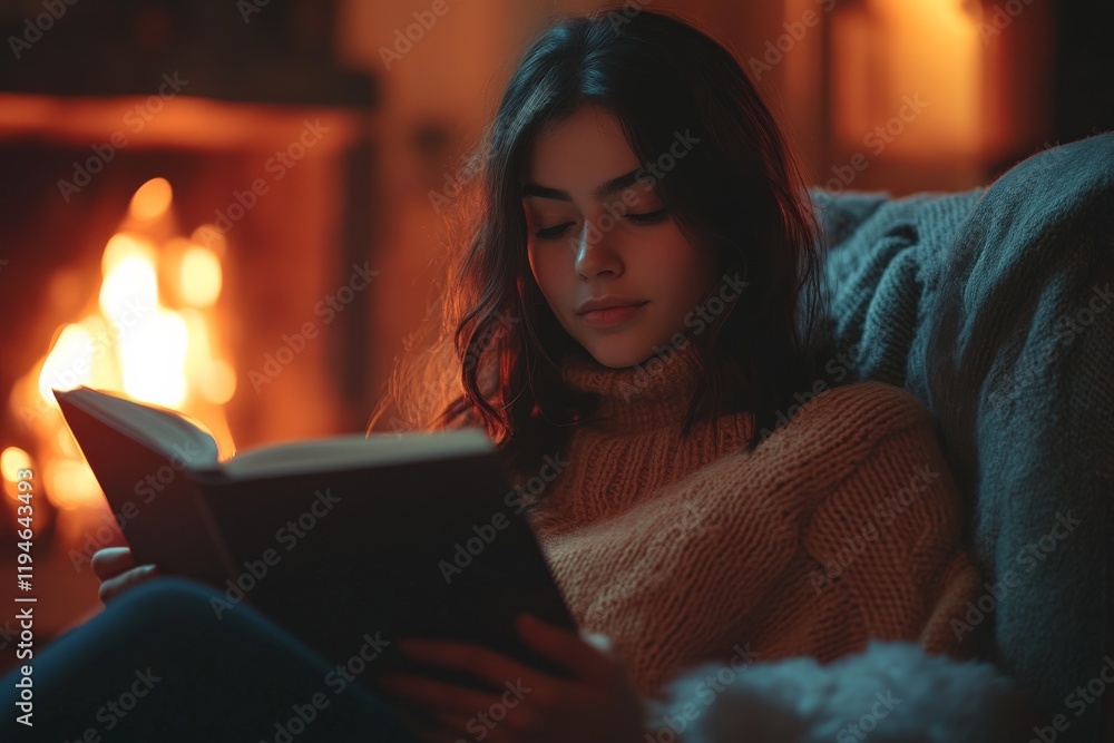 Poster a woman sits comfortably in a dimly lit room, enjoying the warmth of a fire as she reads an engaging