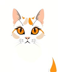 Fototapeta premium A minimalist and stylized illustration of a calico cat with striking orange eyes and distinctive markings against a plain background.