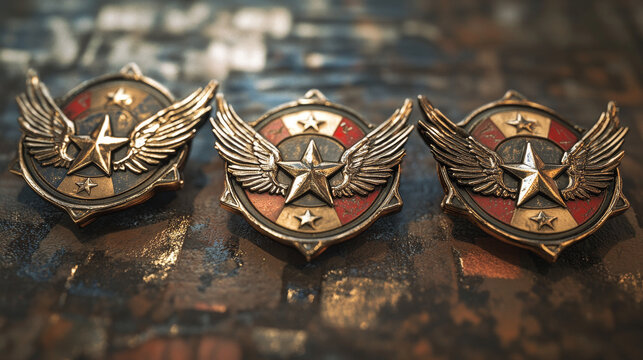Set of military game rank badges isolated on background. Vector cartoon illustration of shiny metal pentagonal insignia medals with stars, chevrons, wings. Gui progress symbol. Award for achievement