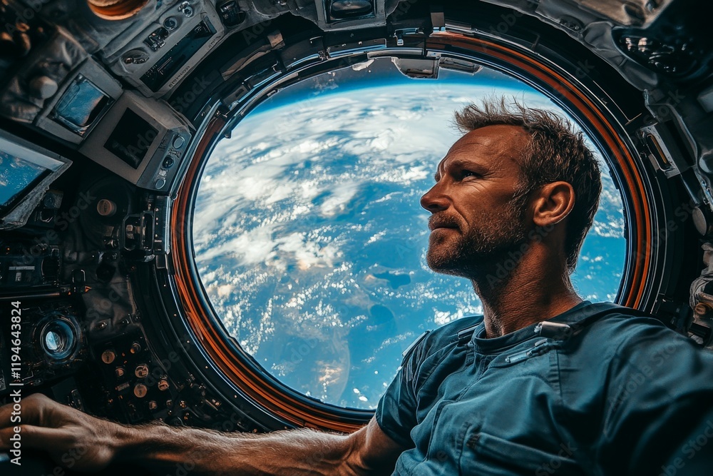 Poster an experienced astronaut in a spacecraft gazes at the earth, reflecting on the vastness and beauty o