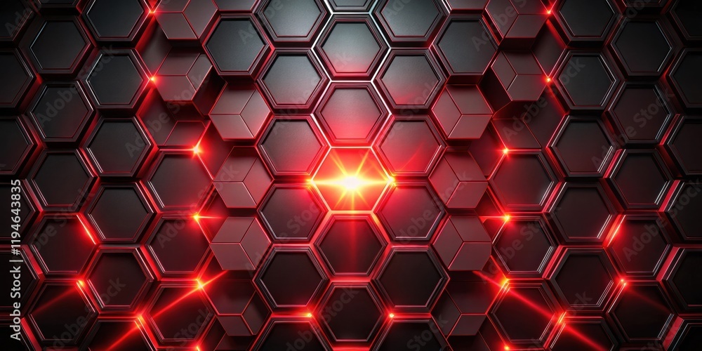 Poster abstract red and black hexagon pattern with glowing lights