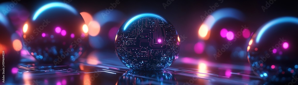 Poster illuminated spheres with circuit patterns on a futuristic surface reflecting vibrant lights