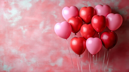 Romantic celebration with heart balloons against a soft pink background