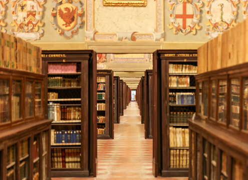  Old books and manuscripts in Sala Rusconi in the Archiginnasio Municipal Library, formerly the main building of the University of Bologna.
