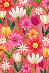 Bright floral pattern with daisies and tulips