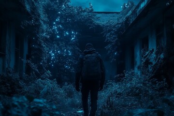 In a serene yet mysterious scene, a person equipped with a backpack is exploring an overgrown, abandoned building during twilight, evoking feelings of discovery and mystery.