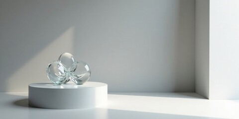 Abstract Glass Sculpture on Minimalist Pedestal in Bright Room with Sunlight