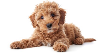 Fluffy red dog puppy posing on white background, studio shot, pet adoption