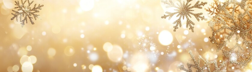 Beautiful golden background with shimmering snowflakes and soft bokeh lights creating a festive atmosphere