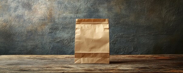 Fototapeta premium A blank kraft paper bag standing upright on a rustic surface, ready for logos, 4k photo.