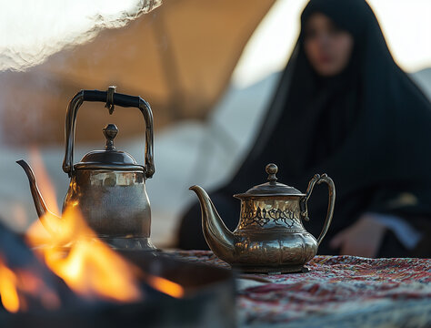 Vintage Teapot and Coffee Cup in a Desert Setting with Campfire during Ramadan Evening Generative AI