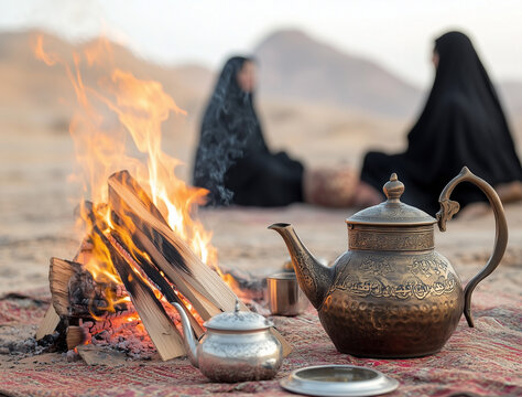 Vintage Teapot and Coffee Cup in a Desert Setting with Campfire during Ramadan Evening Generative AI