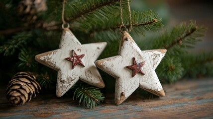 Rustic White and Red Star Christmas Ornaments with Pine