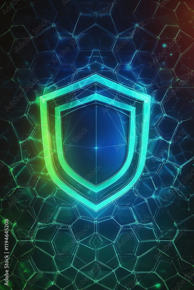 Poster digital shield symbolizing cybersecurity in a futuristic network environment with hexagonal patterns