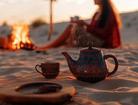 Vintage Teapot and Coffee Cup in a Desert Setting with Campfire during Ramadan Evening Generative AI