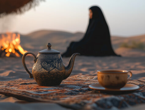 Vintage Teapot and Coffee Cup in a Desert Setting with Campfire during Ramadan Evening Generative AI