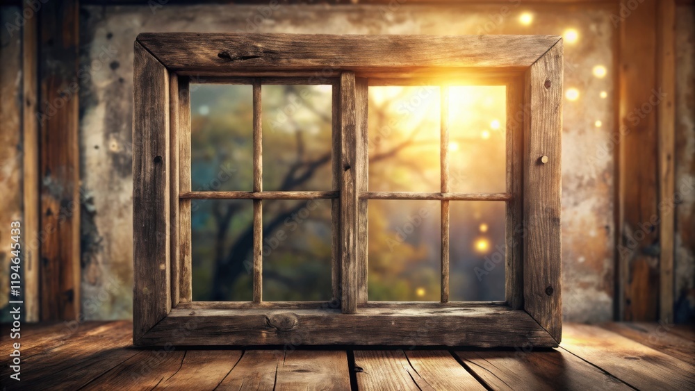 Poster rustic wooden window frame with a view of a sunlit autumnal scene on a wooden surface