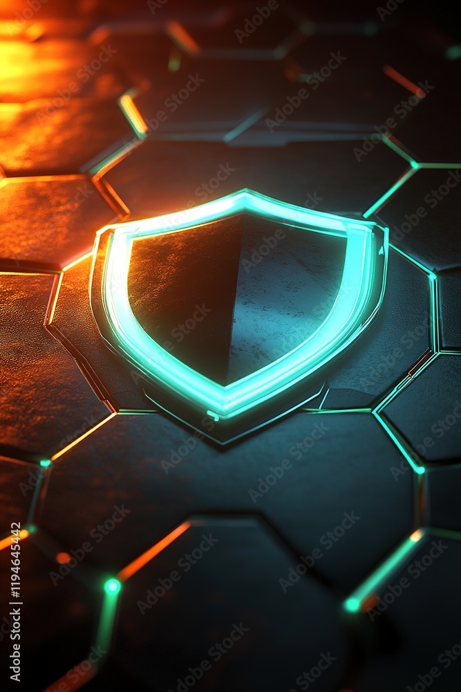 Poster digital shield design illuminated on a hexagonal tile surface with glowing edges in a dark environme