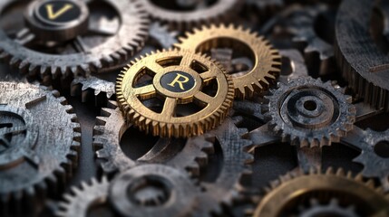Gold gear with letter 'R' in a complex mechanical system of interlocking gears