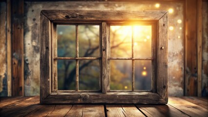 Rustic Wooden Window Frame with a View of a Sunlit Autumnal Scene on a Wooden Surface
