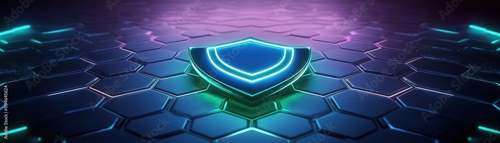 Poster vibrant neon shield on a hexagonal patterned surface at night creating a digital security concept