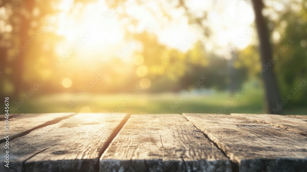 Poster natural light filters through trees, creating a serene atmosphere around the empty wooden table in a