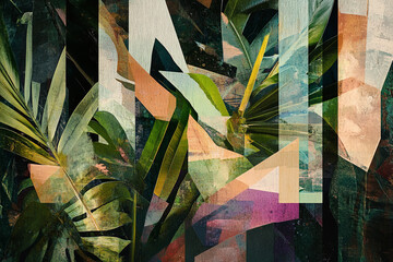 The image is a digital collage featuring abstract, geometric shapes overlaid with various shades of green and other colors, creating a tropical, jungle-like effect