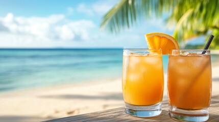 Two refreshing cocktails with orange slices sit by the beach, surrounded by a stunning tropical landscape and clear blue waters.