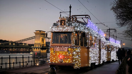 Fototapeta premium tram in Budapest decorated with Christmas lights