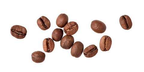 Freshly roasted coffee beans isolated on a transparent background