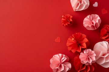 Elegant paper flowers with small hearts on a rich red background, perfect for Valentine's Day celebration. Captures the essence of love and romance with a minimalist design