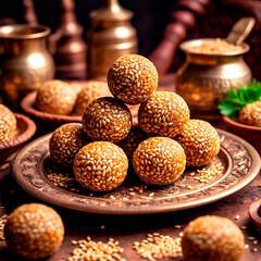 Makar Sankranti sesame seeds laddu with halgi haldi kunku