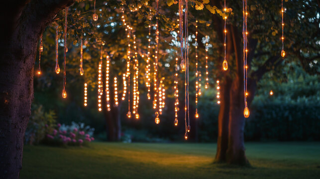 Magical outdoor scene with hanging string lights illuminating a garden at dusk, creating a whimsical and romantic atmosphere.