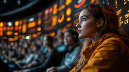 Obraz premium Young woman attentively watching a presentation in a dark room with a large screen displaying data.