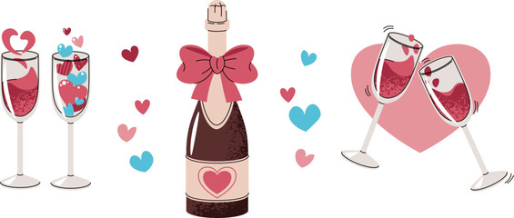 Set of elements for Valentine's day in flat cartoon style. Cute stickers on isolated background. Champagne, alcohol, glass of wine with hearts.