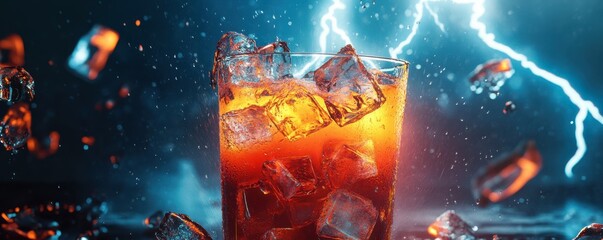 A bold energy drink ad with ice cubes and lightning graphics, 4K photo.