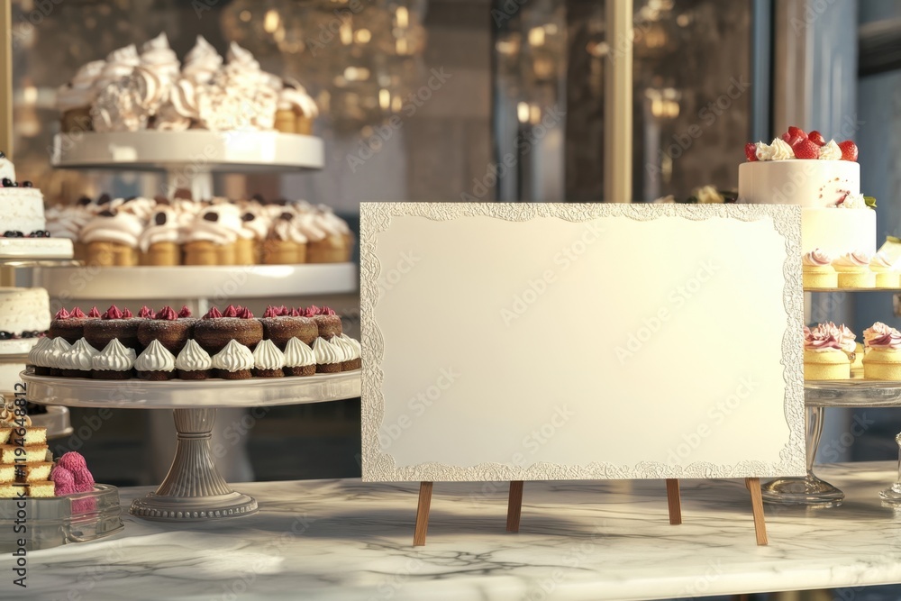 Poster a white board sits on a table in front of a display of cakes and cupcakes