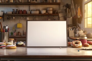 A pink kitchen with a white board on a table