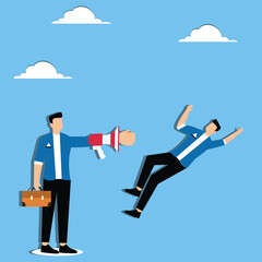 Obraz premium Blaming and reprimanding, criticizing and punishing, power and hierarchy, the fist inside the manager's megaphone hit the businessman hard