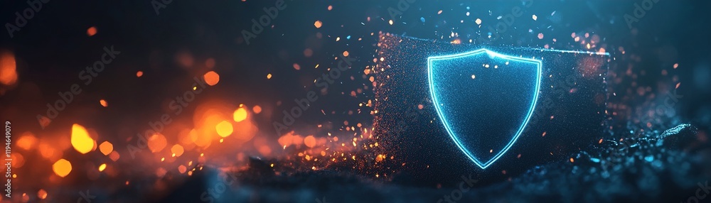 Poster abstract digital shield glowing in a dark environment with particles and sparks flying around during
