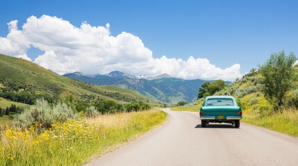 A green truck drives along a scenic mountain road surrounded by lush greenery and vibrant wildflowers as it heads toward the distant peaks